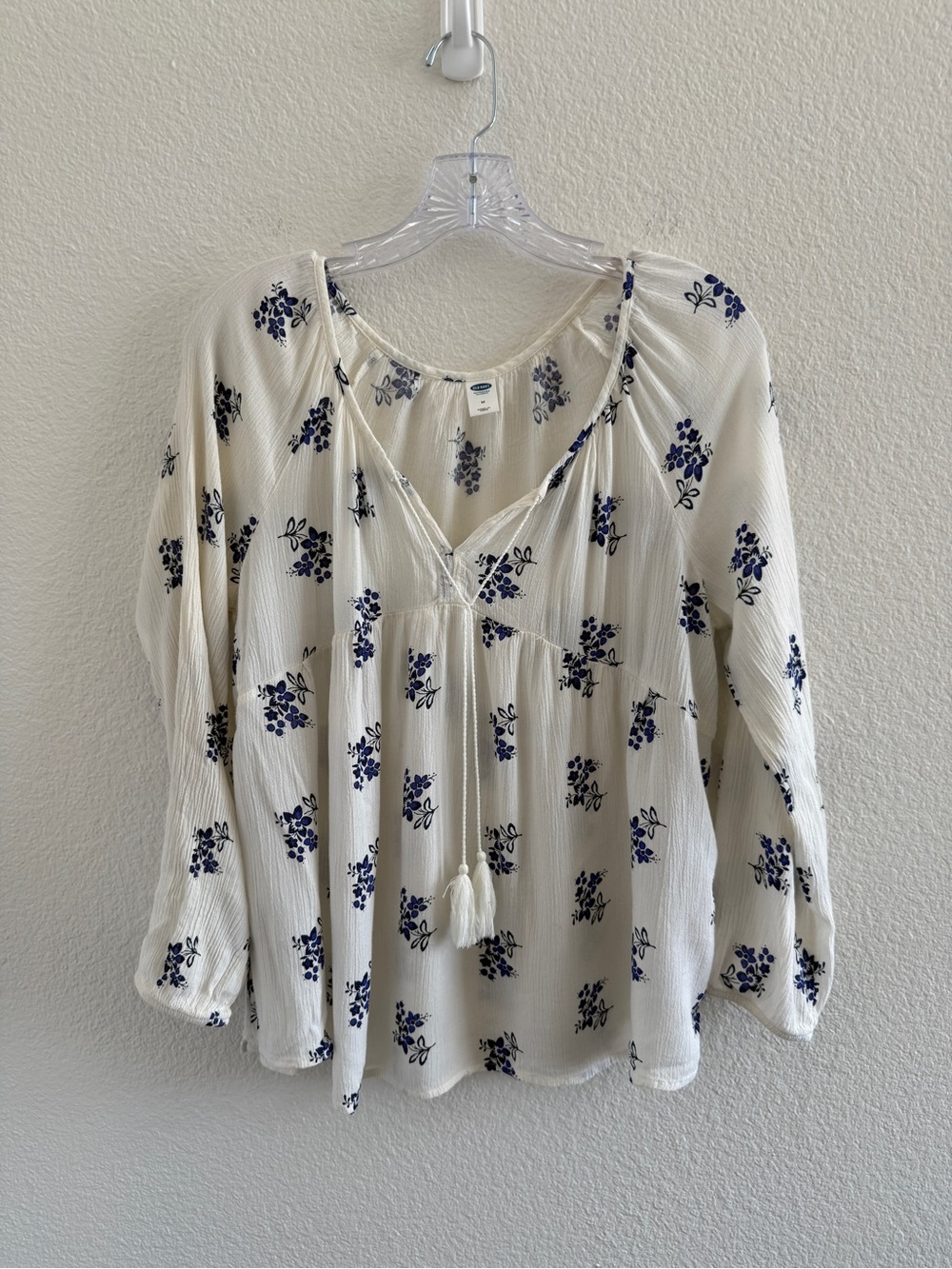 Old Navy Cream Peasant Peplum Blouse‎ with Navy Floral Print